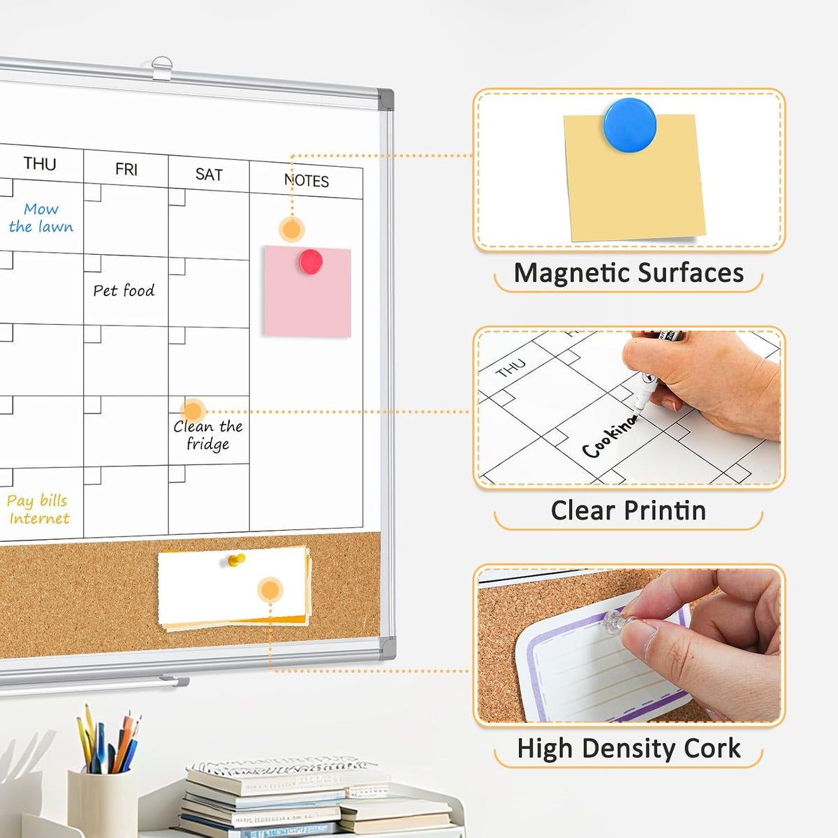 Monthly Dry Erase Calendar Whiteboard with Corkboard, 36" x 24", Si...