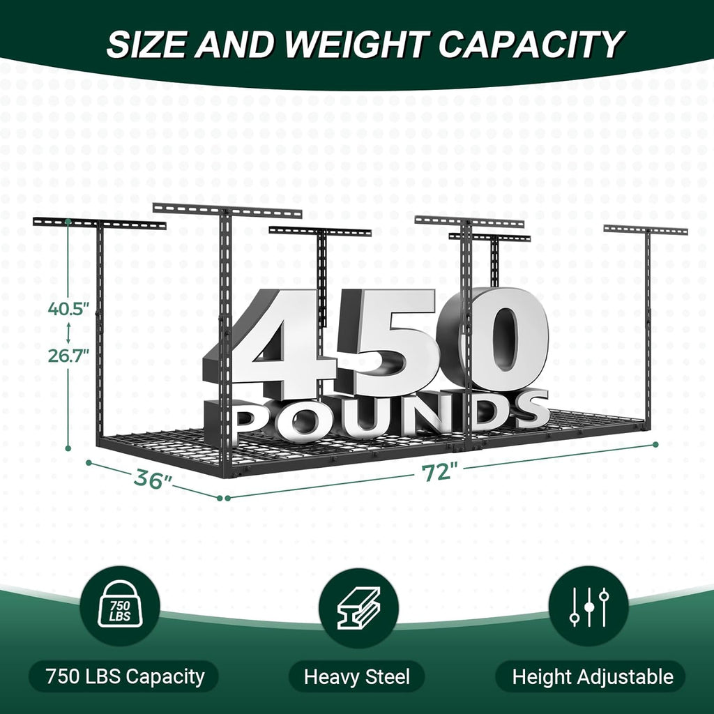 3x6 ft overhead garage storage rack,450lbs weight capacity shown in use
