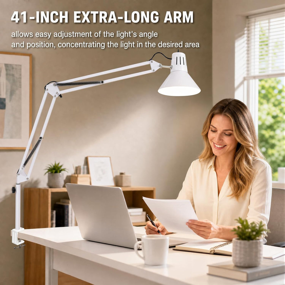 White Desk Lamp with Clamp, Extra-Tall Adjustable Metal Swing Arm, 5000K