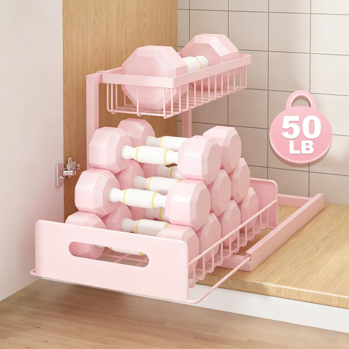 REALINN Pink Under Sink Organizer, 2 Tier Slide-Out Kitchen Cabinet Shelf