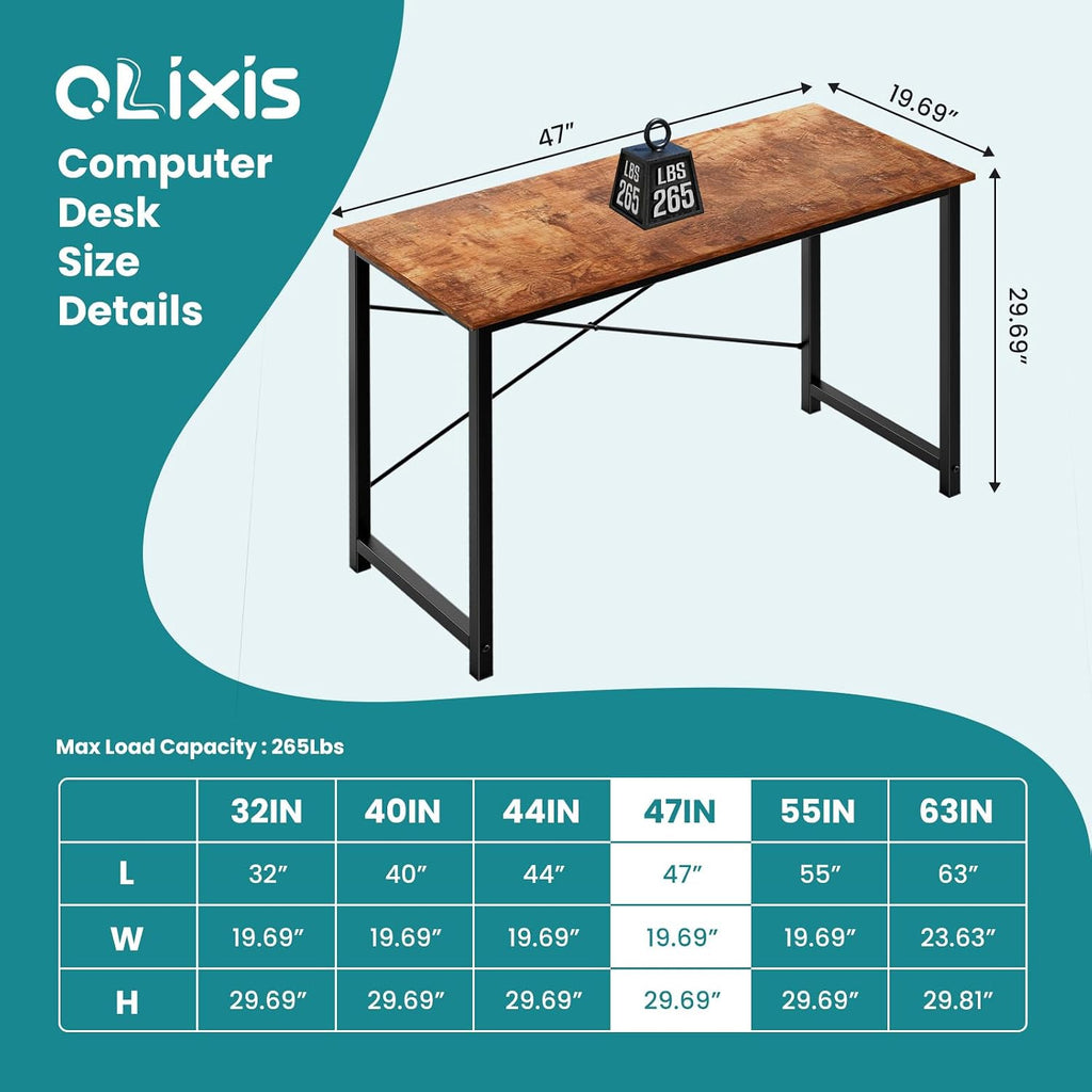 OLIXIS Computer Desk, Home Office Desk, Study Table 47 Inch | Gaming Writing Work Station, Metal Frame Sturdy Durable, Easy Assembly Bedroom, Simple Rustic Style