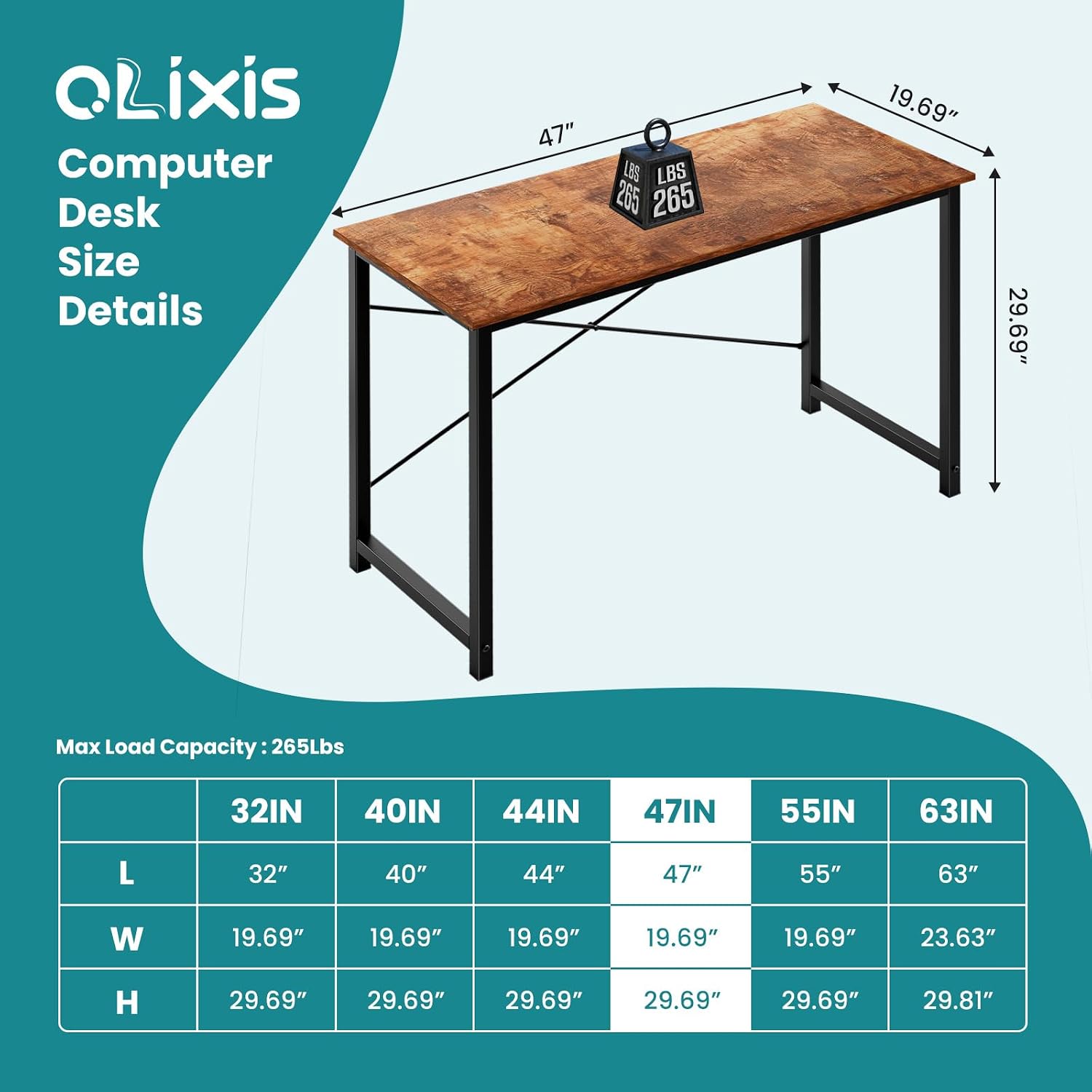OLIXIS Computer Desk, Home Office Desk, Study Table 47 Inch | Gaming Writing Work Station, Metal Frame Sturdy Durable, Easy Assembly Bedroom, Simple Rustic Style