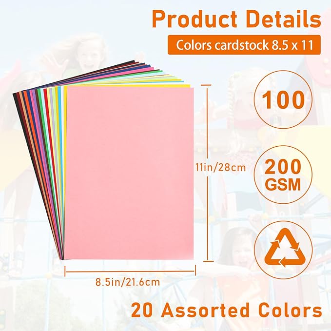 100 Sheets 20 Assorted Colors Cardstock 8.5 x 11 Craft Paper, 200gsm/75lb - Image 2