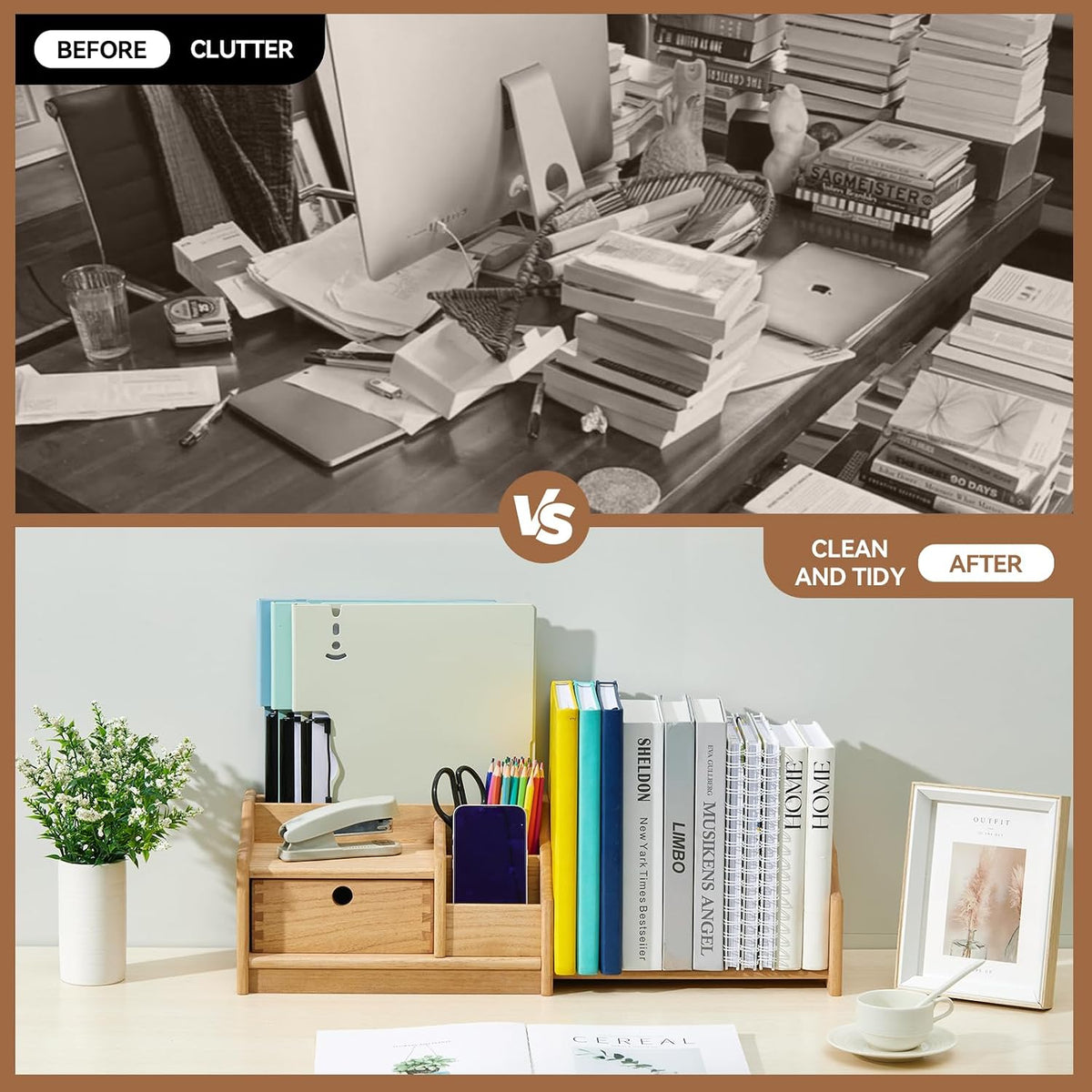 KIRIGEN Wood Desktop Bookshelf with Drawer, Expandable Desk Shelf, Natural