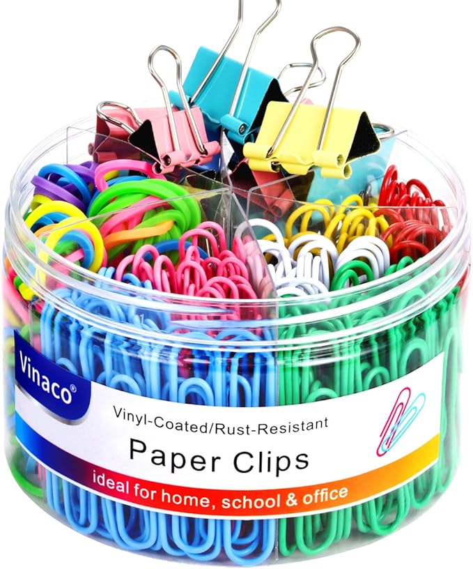 Vinaco 300PCS Paper Clips and Binder Clips Assorted Sizes, Colored Paper Clips by LightingMadeSimple