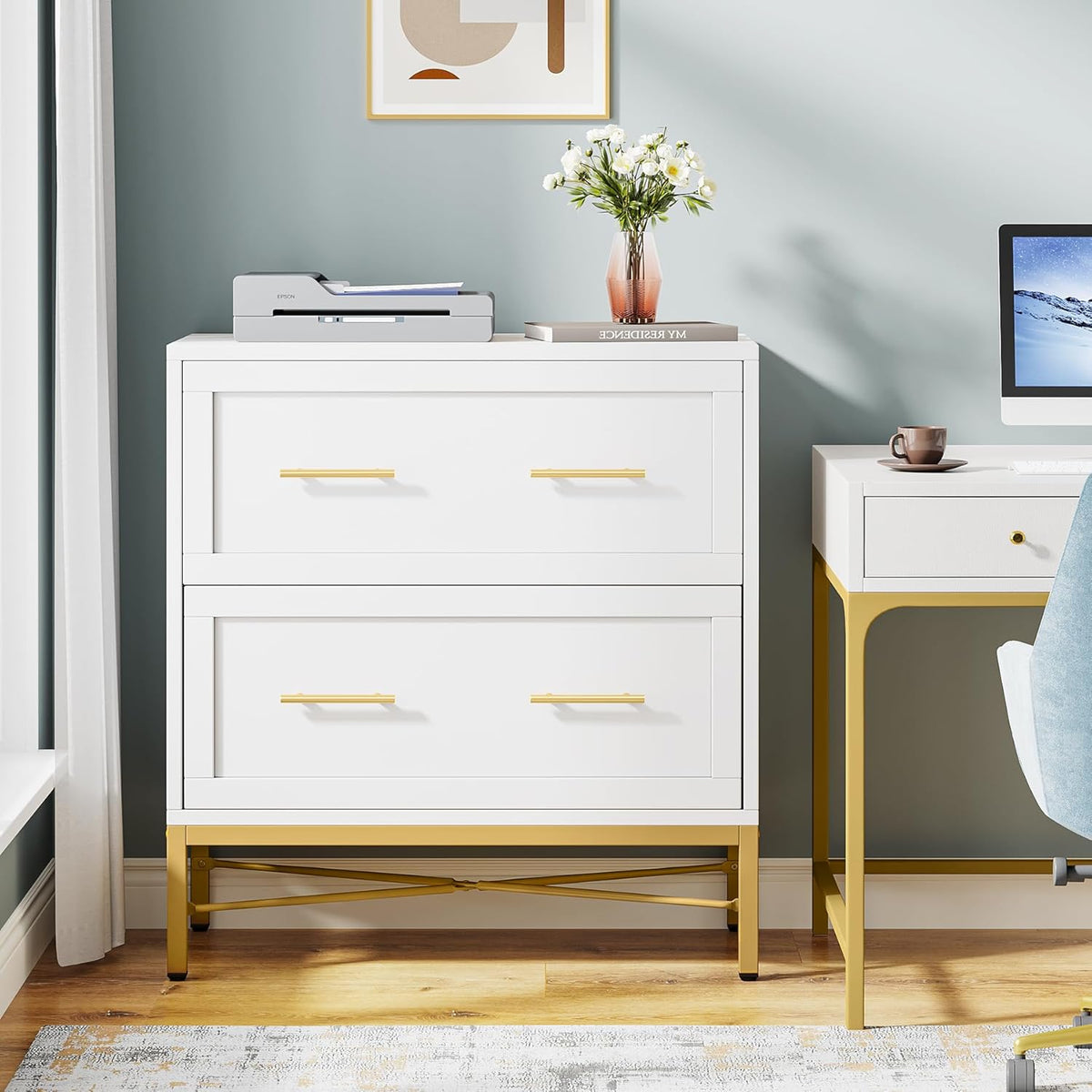 tribesigns modern white 2 drawer file cabinet, lateral showing dimensions