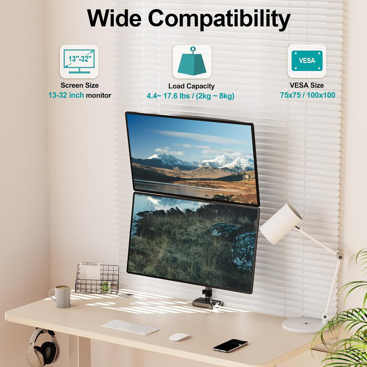 mount pro vertical dual monitor mount, stacked monitor shown in use