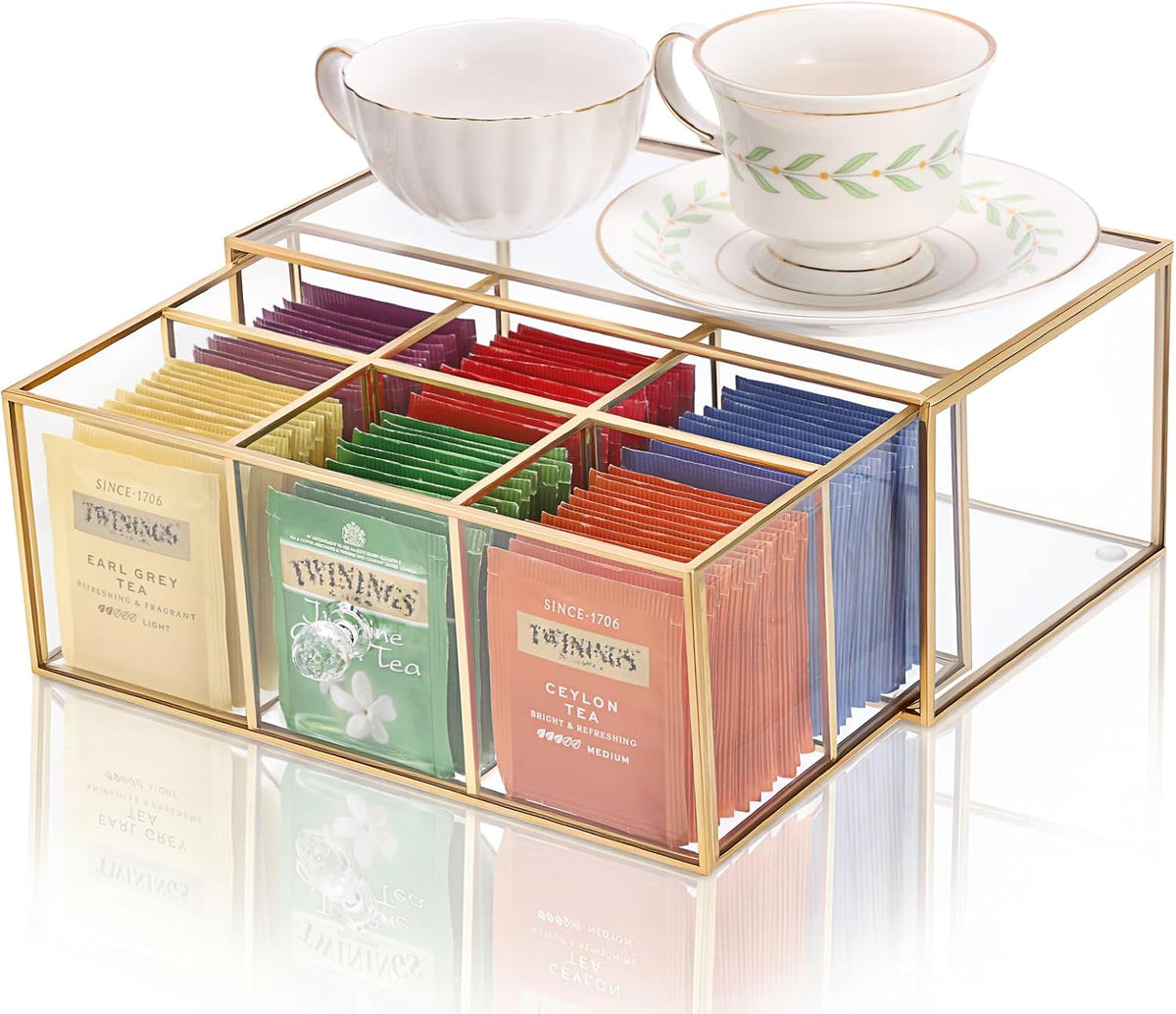 Glass Tea Bag Organizer with Drawer, Clear Teabag Holder Counter