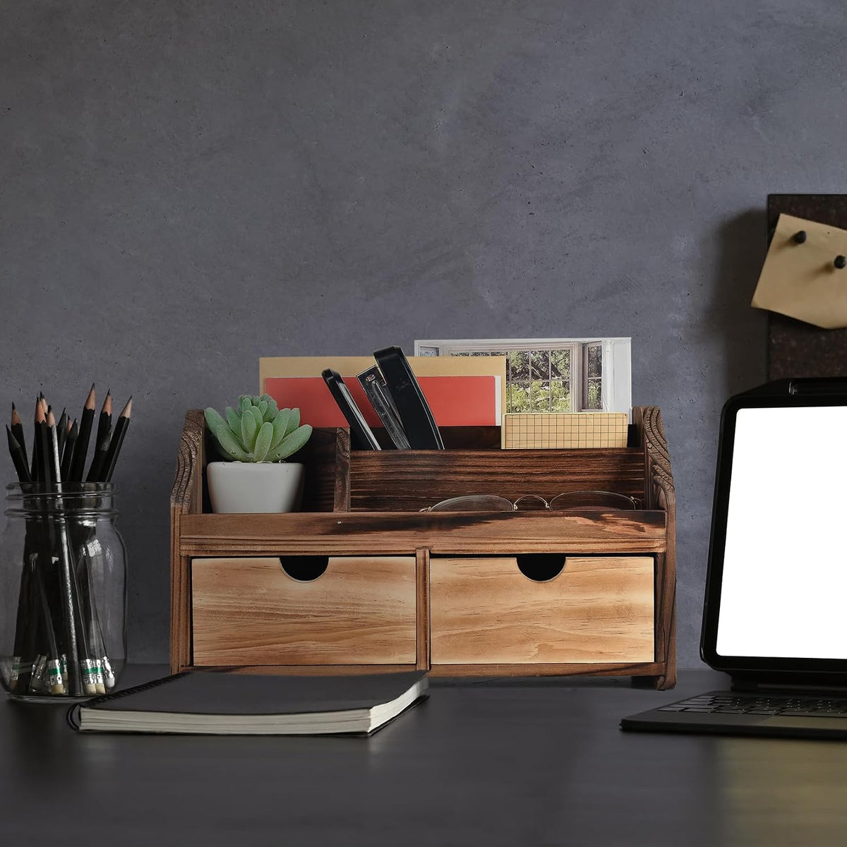 Rustic Torched Dark Brown Wood Desk Organizer Wooden Tabletop Stationery Hold...