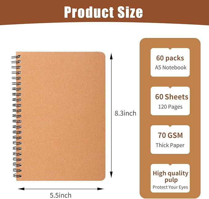 miikoul 60 Packs A5 Spiral Lined Notebooks, Kraft Paper Cover, 60 Sheets/120 - Image 2
