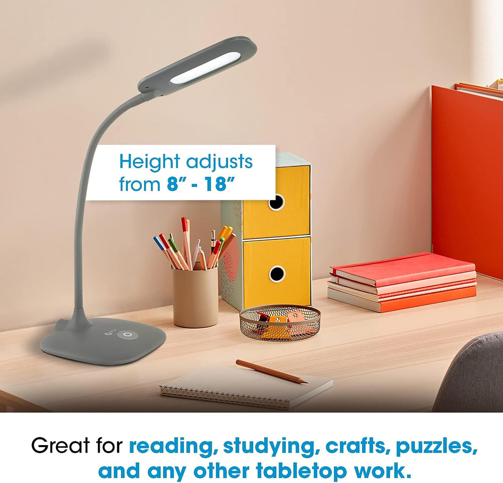 ottlite soft touch led desk lamp, 3 brightness shown in use