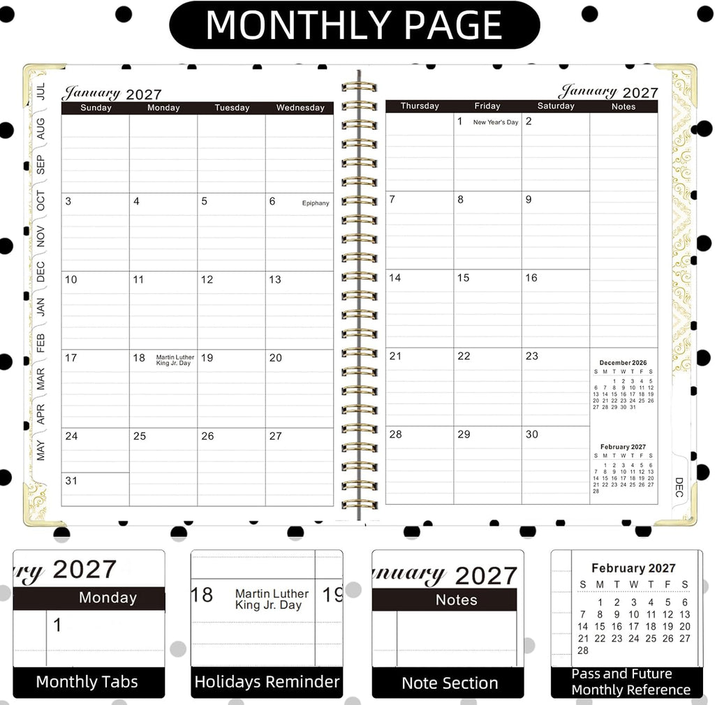2026-2027 Planner, Jul.2026-Jun.2027 Planner Weekly and Monthly 6.25"x8.5" with Page Tabs, Calendar Hardcover with Inner Pocket, Elastic Band, Twin-Wire Binding, Bookmark, White Dots