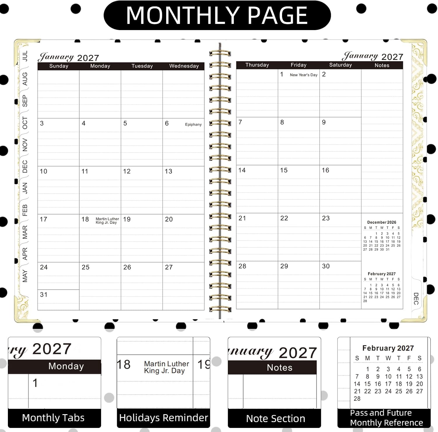2026-2027 Planner, Jul.2026-Jun.2027 Planner Weekly and Monthly 6.25"x8.5" with Page Tabs, Calendar Hardcover with Inner Pocket, Elastic Band, Twin-Wire Binding, Bookmark, White Dots