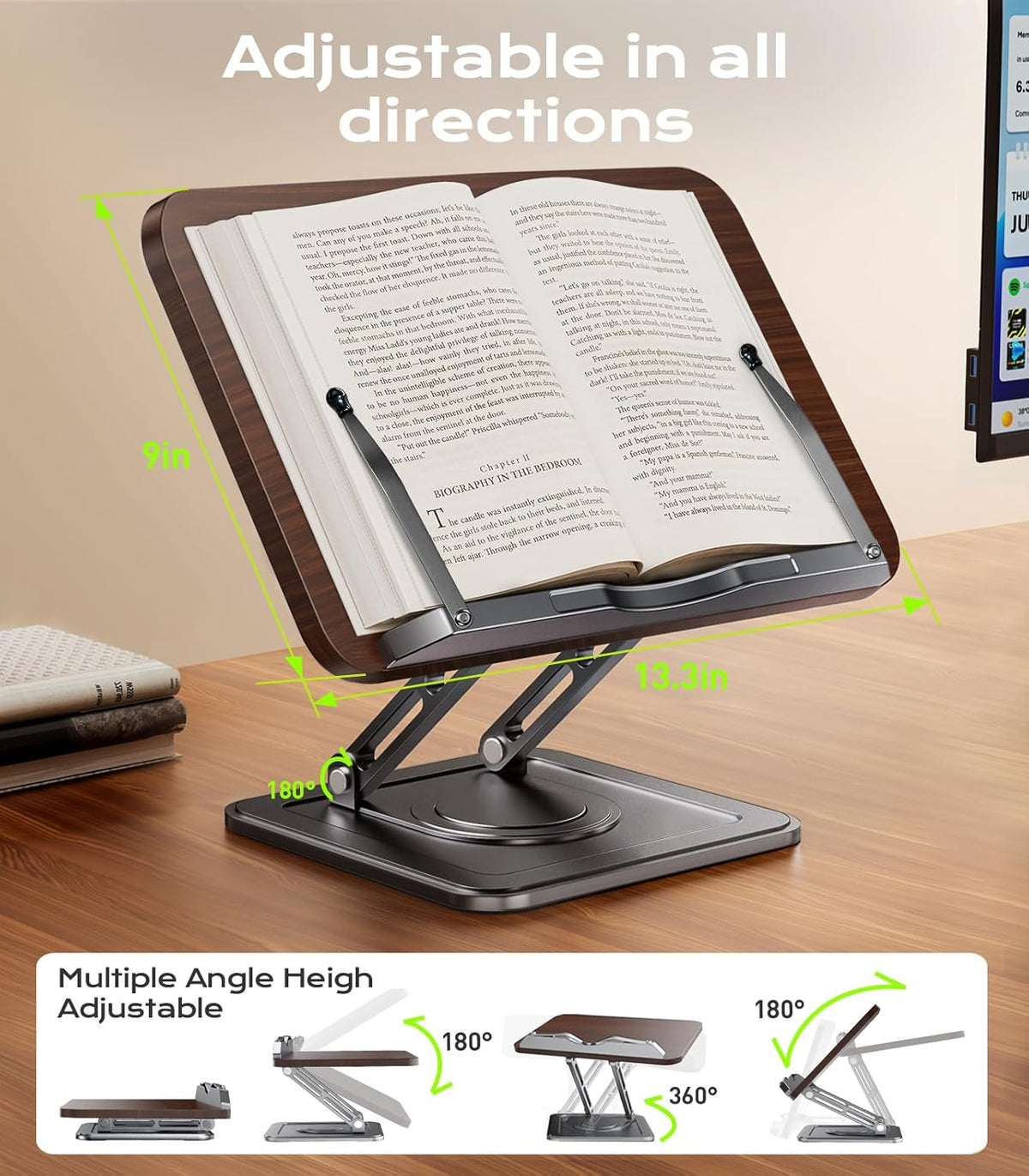 LOXP Book Stand for Reading, 360° Rotating Holder with Page Clip, Ergonomic