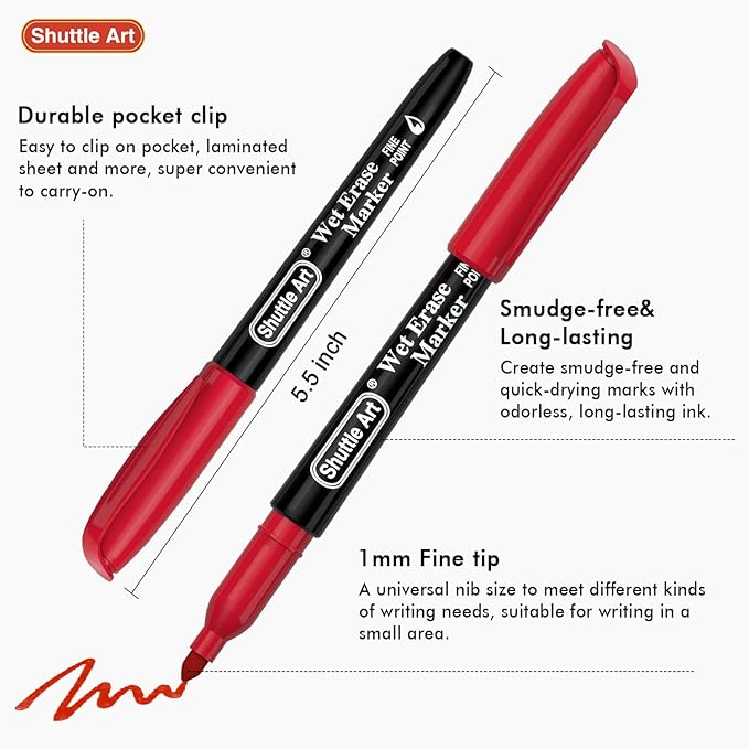 Shuttle Art Wet Erase Markers, 12 Colors 1mm Fine Tip Smudge-Free Markers - Image 4