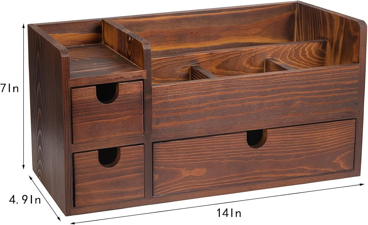 Rustic Brown Wooden Desktop Organizer Drawers Removable Office Supplies Torch...