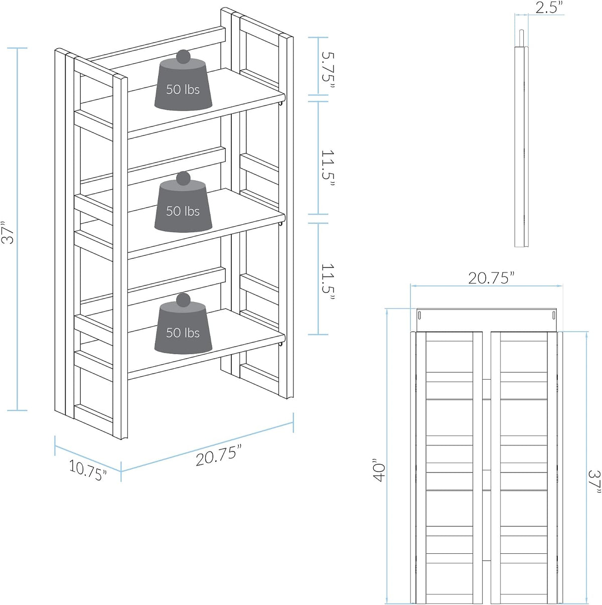 Casual Home 3-Shelf Folding Student Bookcase (20.75" Wide)-Natural