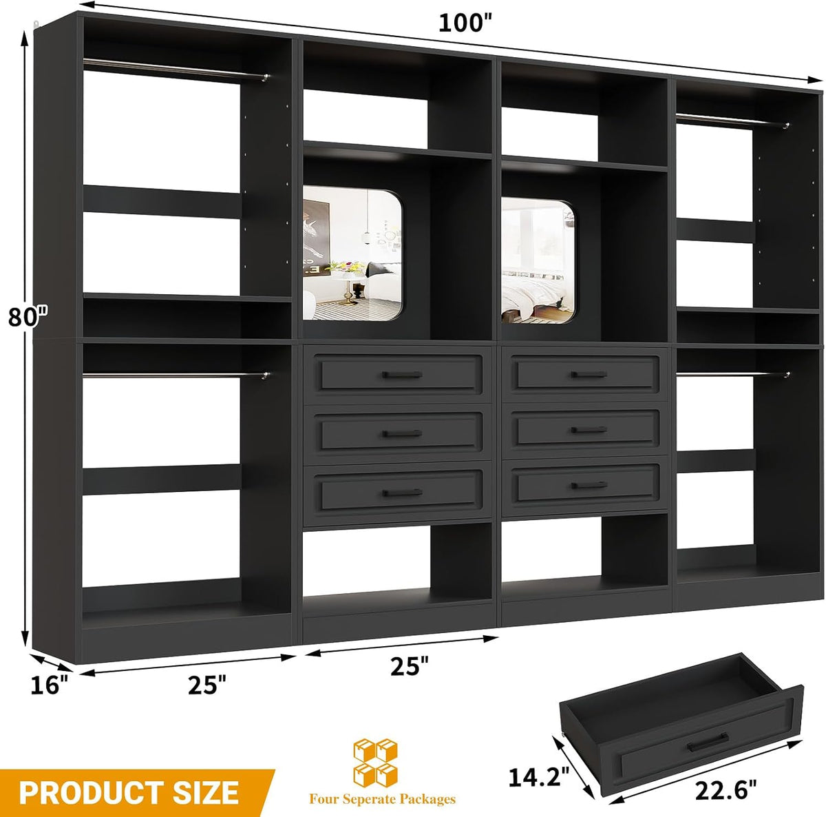Unikito Closet System, 100" Closet Organizer with Drawers & Mirror, ...