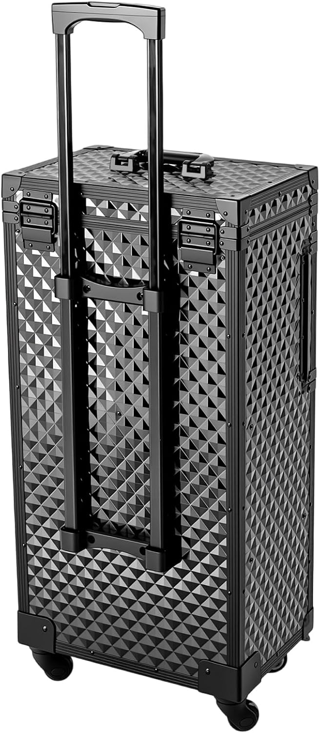 Rolling Makeup Train Case with Dual Password Locks, Aluminum Cosmetic Trolley...