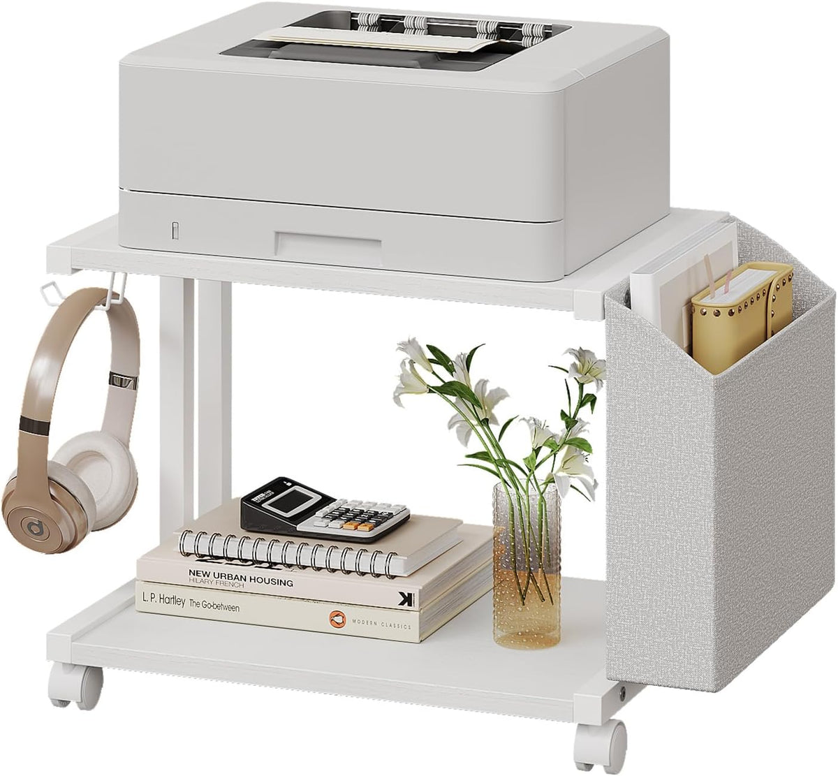 VEDECASA 2 Tier Modern White Wooden Under Desk Printer Stand with Storage Bag...