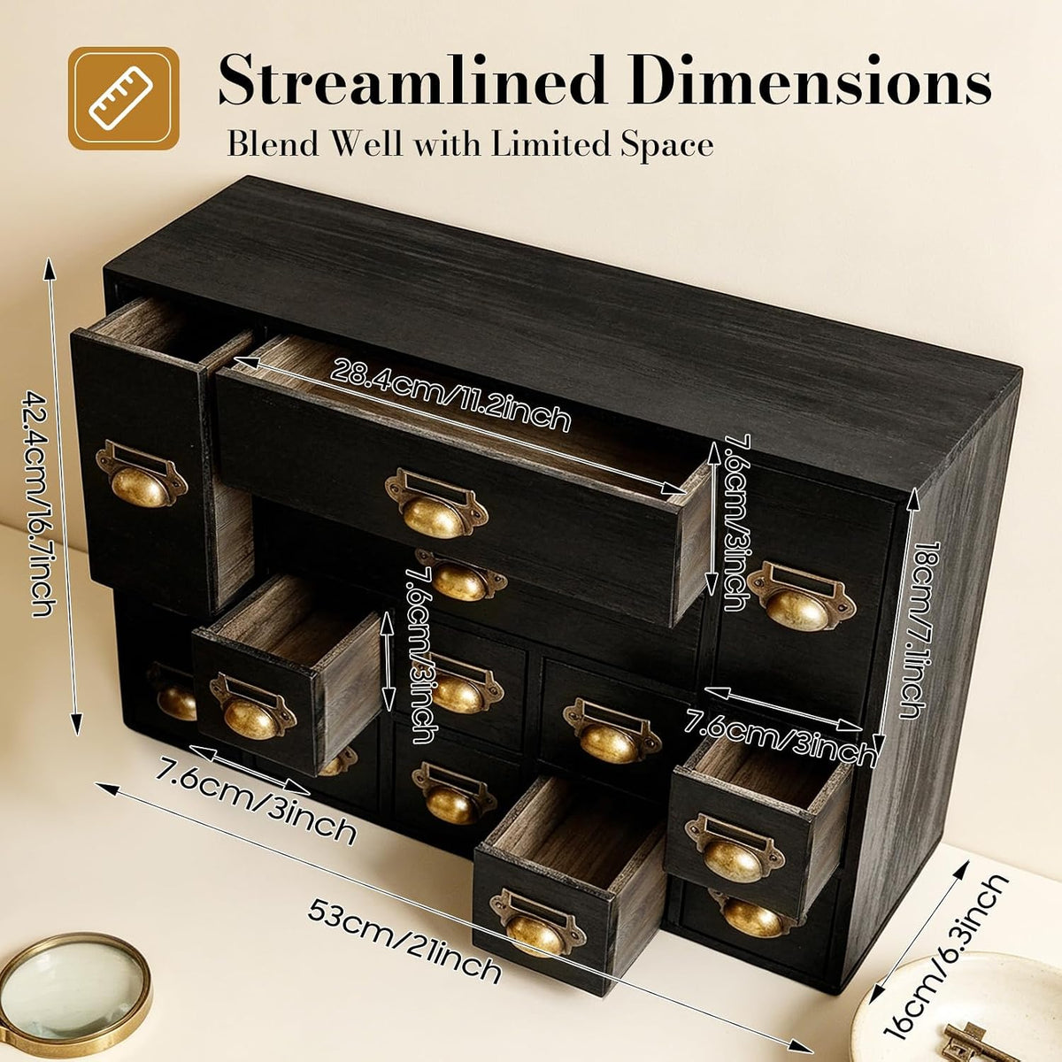 14-Drawer Apothecary Cabinet, Card Catalog Cabinet for Desktop Organizer