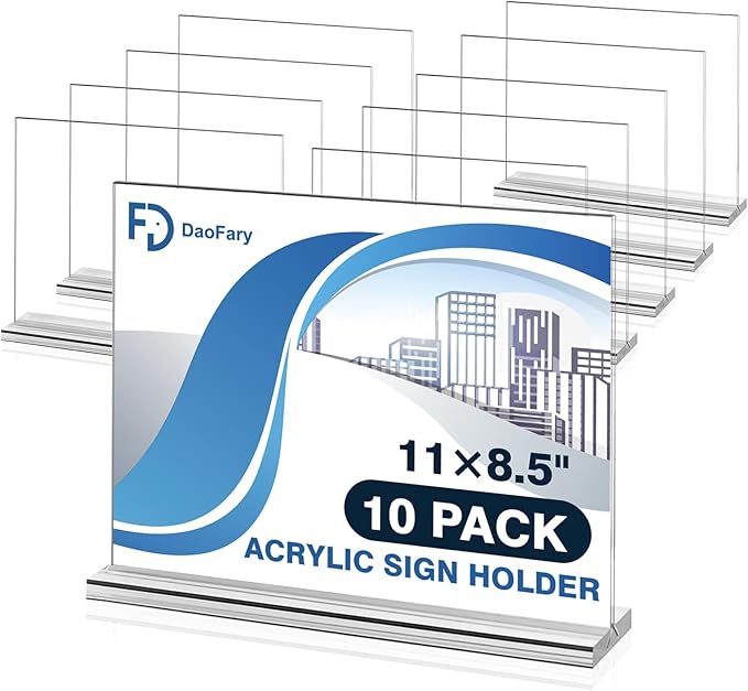 10 Pack Acrylic Sign Holder 8.5 x 11 Horizontal, Double-Sided Stand up Table by Daofary