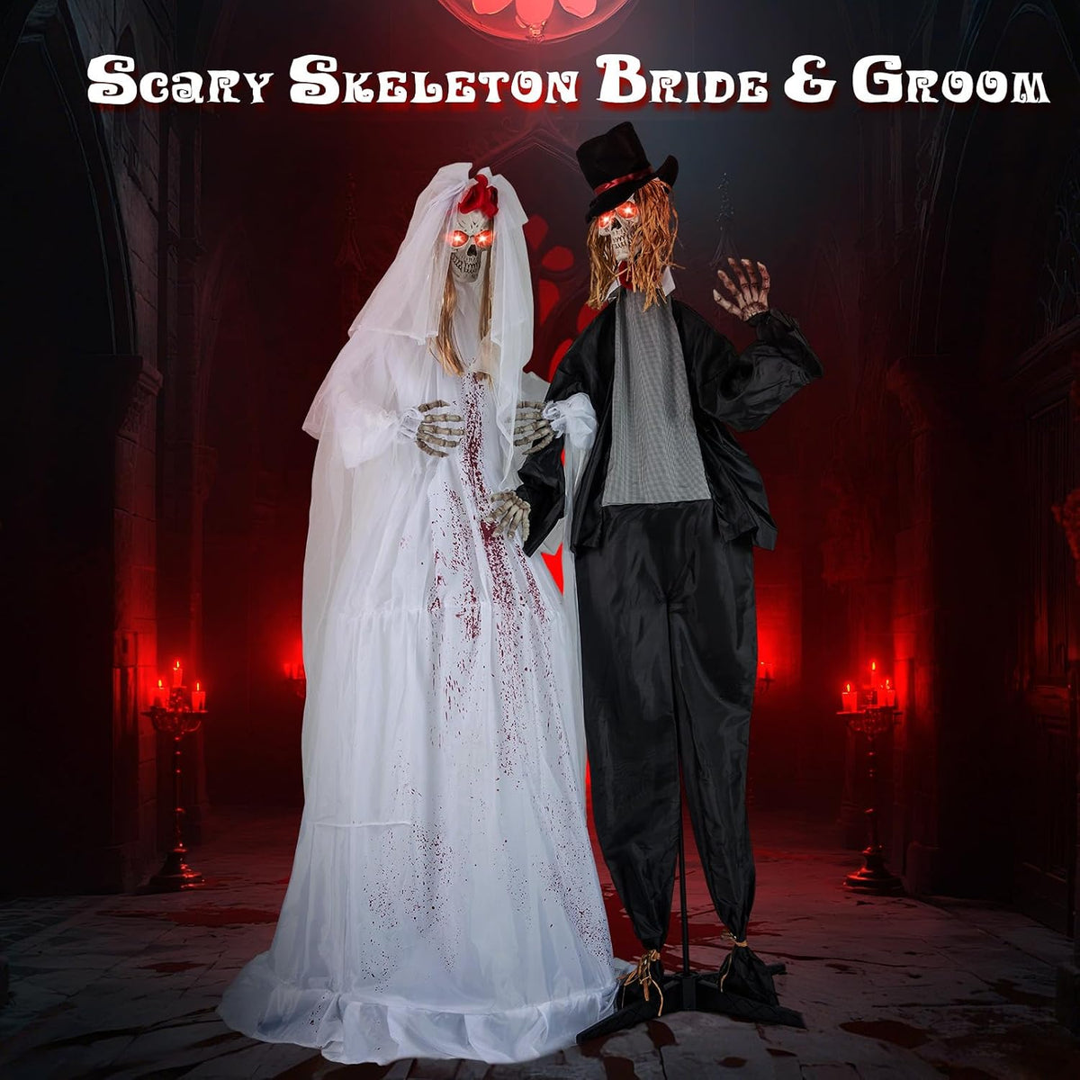 Tangkula 7.2 FT Halloween Animatronics Standing Skeleton Bride & Groom Set