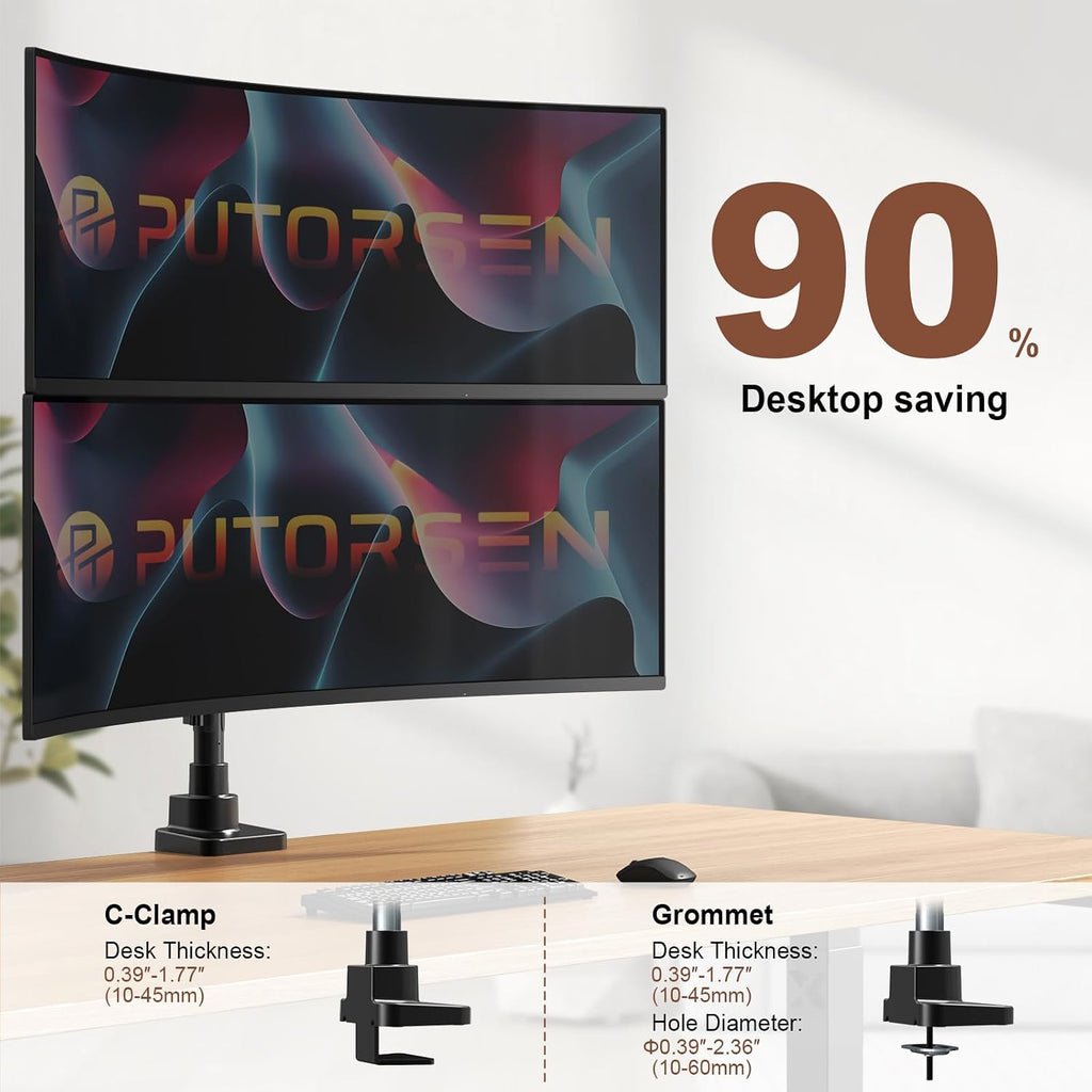 heavy duty dual monitor arm for 17-49" screens showing dimensions