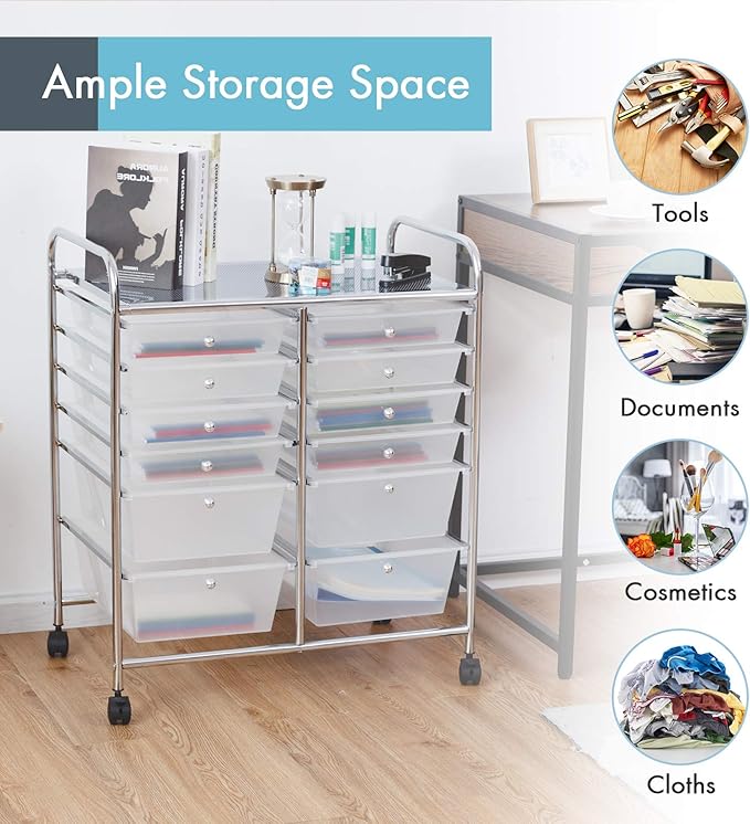 LDAILY 12 Drawer Rolling Storage Cart, Craft Cart Organizer on Wheels w/Metal - Image 4