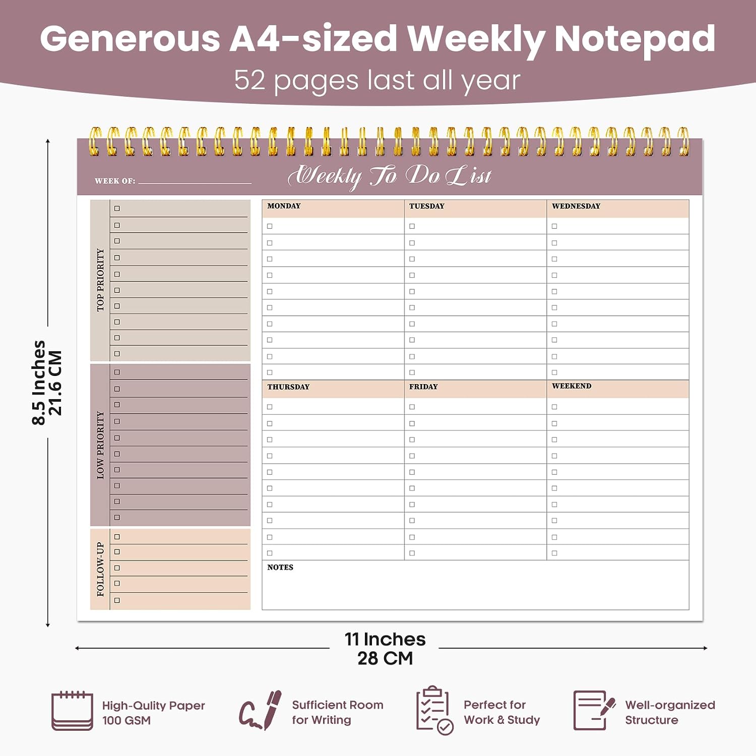 Weekly To Do List Notepad with 52 Undated Sheets（8.5"×11"）- Undated Weekly Planner Notepad for Office Desk Accessories and Supplies - Midnight Lilac