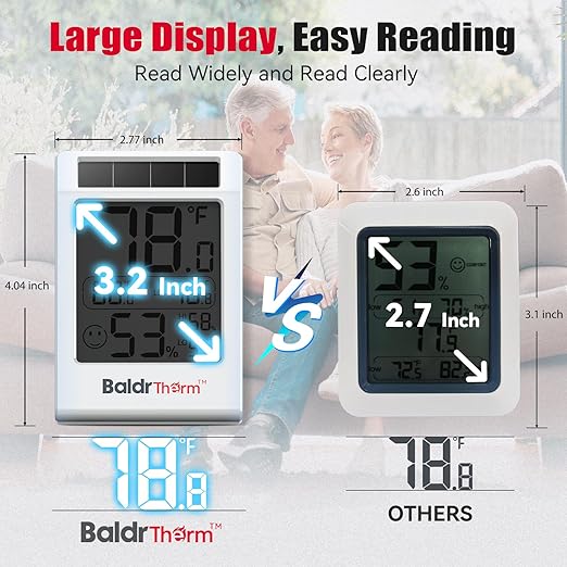 BaldrTherm Room Thermometer Indoor Humidity Meter, Solar-Powered 3.2'' Digital - Image 7