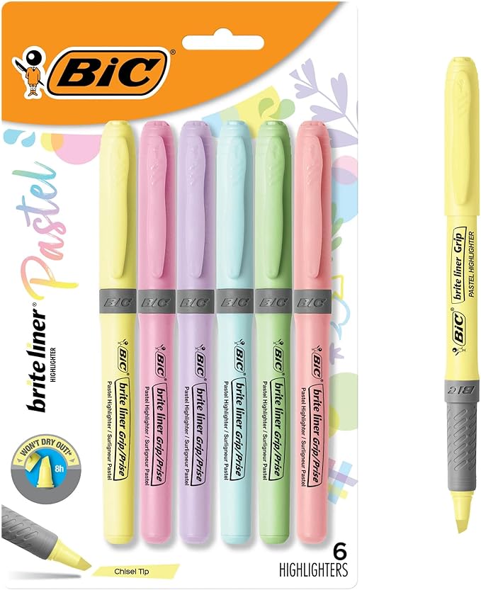 BIC Brite Liner Grip Pocket MINI Highlighter, Pastel Ink Colors, Chisel Tip by BIC