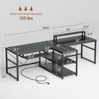 SEDETA 94.5" 2 Person Gaming Desk with Storage Shelves,Carbon Fiber Black | Double T Shaped Office Desk with Keyboard Tray, Power Strip with USB & Monitor Stand for Home Office, Bedroom