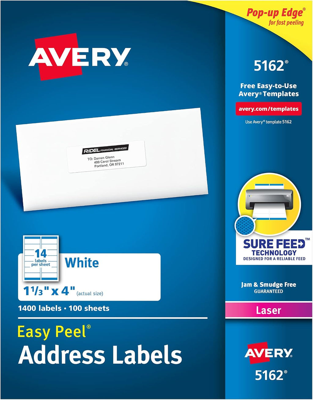 Avery® Easy Peel Printable Address Labels with Sure Feed®, 1-1/3" x 4", White, 1,400 Blank Mailing Labels for Laser Printers (5162)