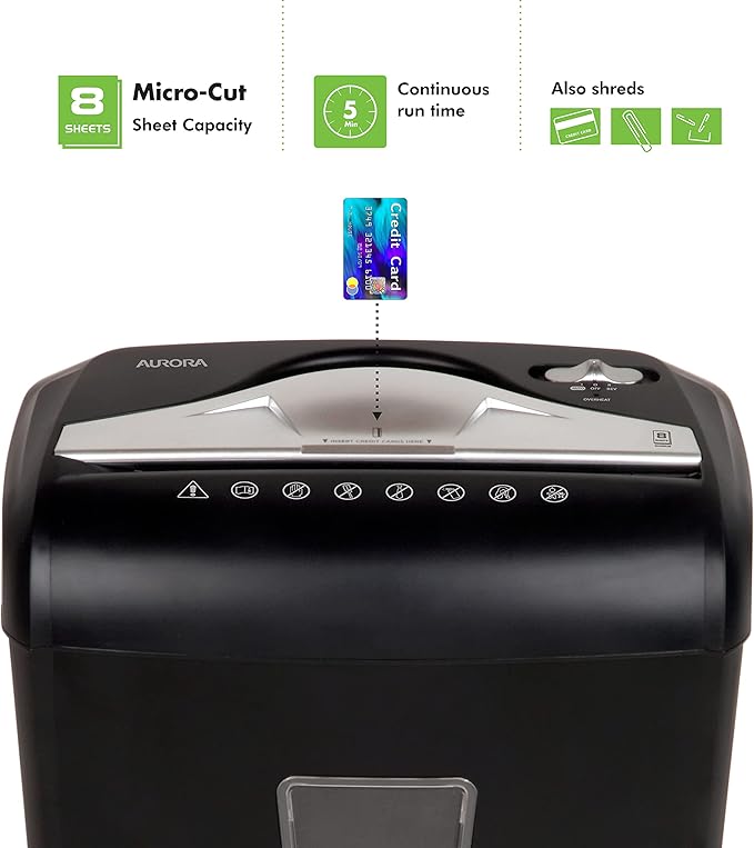 Aurora High-Security 8-Sheet Micro-Cut Paper Credit Card Shredder Black - Image 2