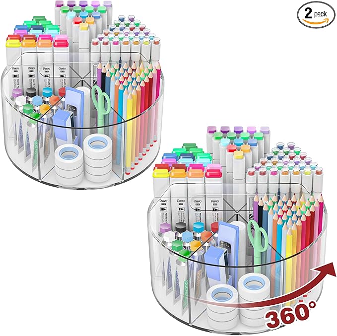 Absonic 2 Pack Acrylic Pen Organizer, 360 Rotating Clear Colored Pen and Pencil by Absonic