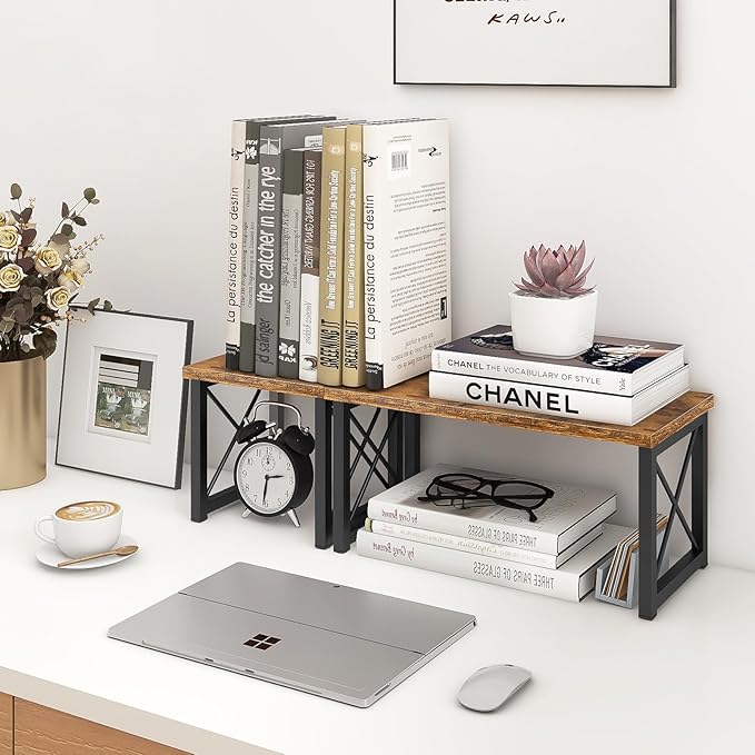 ELITEROO Wood Desktop Shelf, 2 Tier Adjustable Small Bookshelf Organizer - Image 7