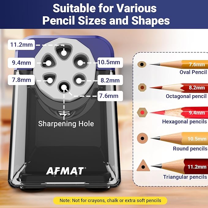 AFMAT 6-Hole Electric Pencil Sharpener, Cordless & Rechargeable, Pencil - Image 2