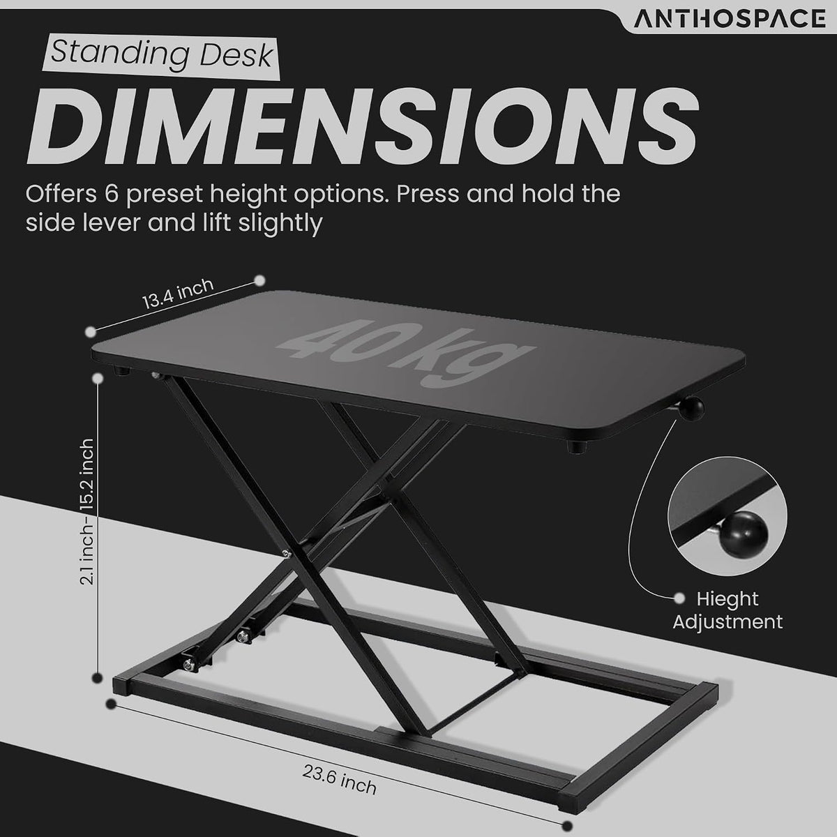 Standing Desk Converter 23.6" x 13.4", Adjustable Height 2.4"–...