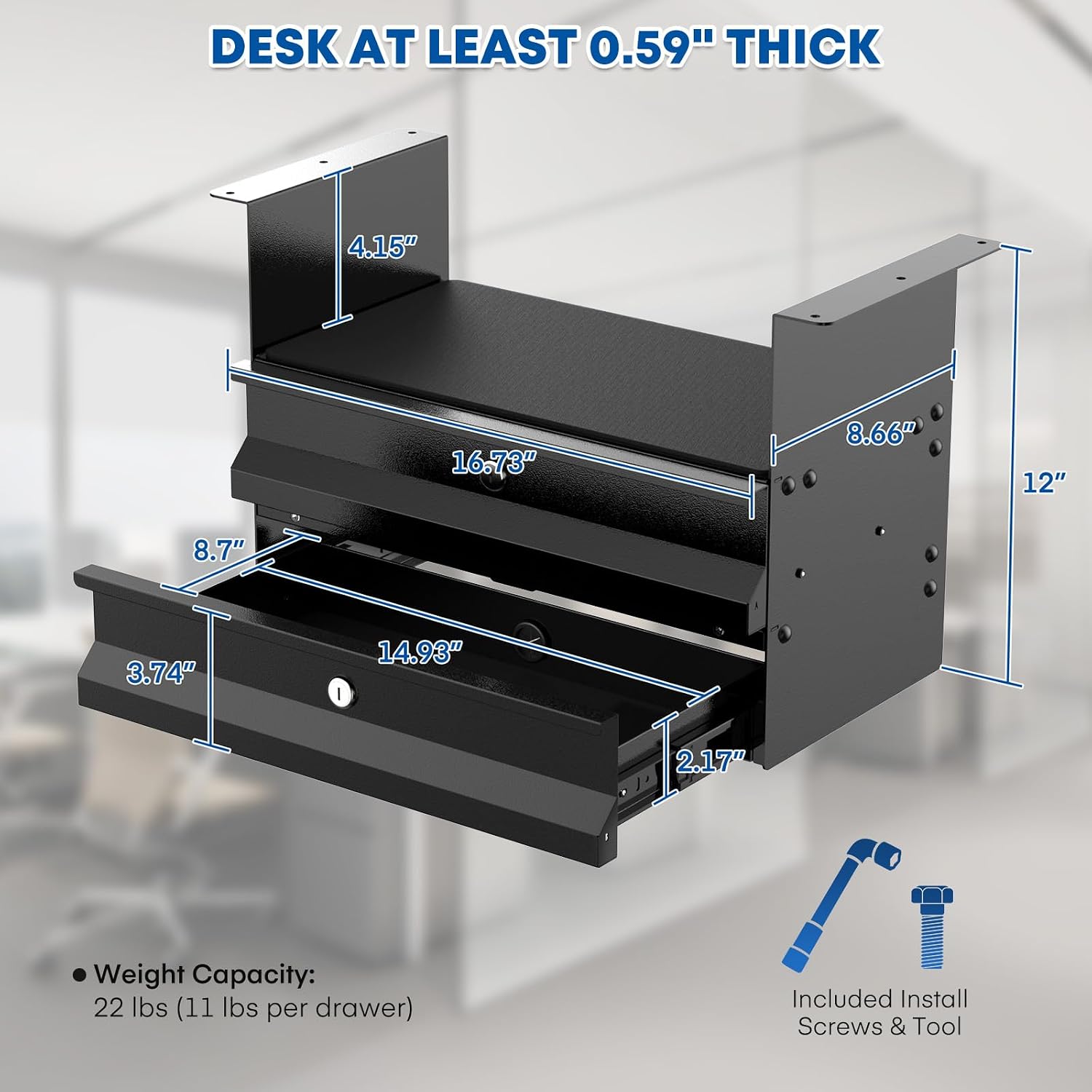 POCHAR Under Desk 2-Tier Drawer with Lock, Steel Slide Out Storage Drawer | Under Table Dual Tier Secure Drawer with Cable Management, Undermount Drawer Storage Organizer for Standing Desk, Workstation