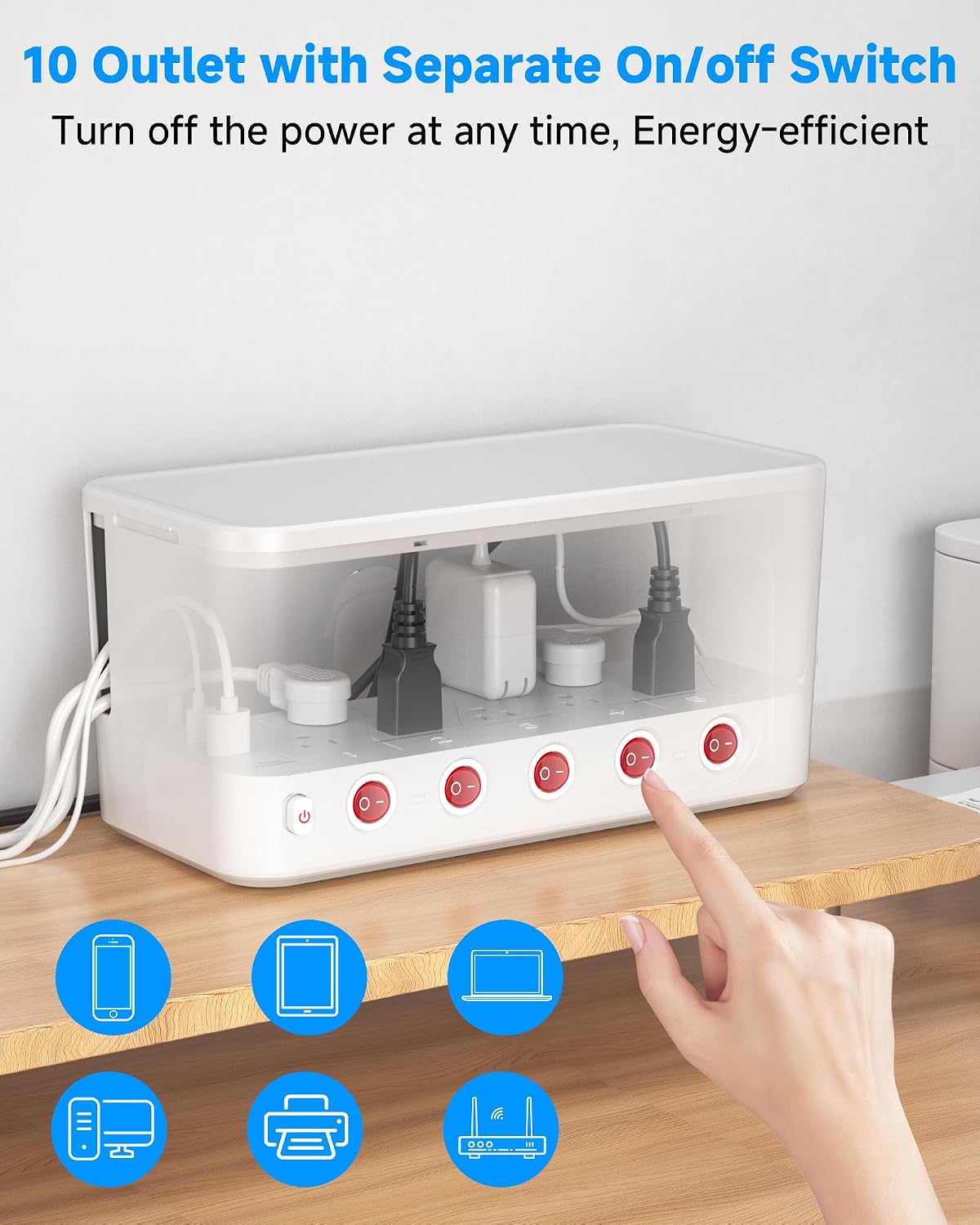Power Strip with Cable Management Box, Large Cord Organizer Box,White