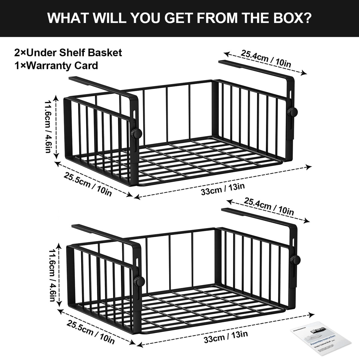 AmonHouseware 2Pack Under Shelf Basket Storage,Adjustable Hanging,Black