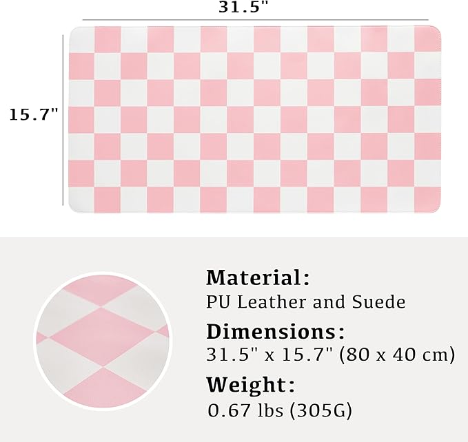 Ohocut Checkered Desk Mat, 31.5" x 15.7" Large Cute Pink Aesthetic Girl Women - Image 7