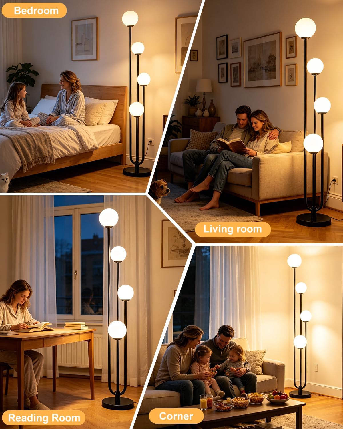 63IN 4-Light Globe Floor Lamp, Unique Black Tall Standing Lamps with 3000K Bu...