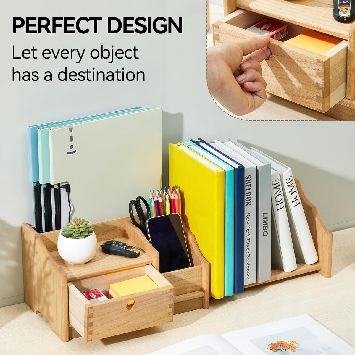 KIRIGEN Wood Desktop Bookshelf with Drawer, Expandable Desk Shelf, Natural