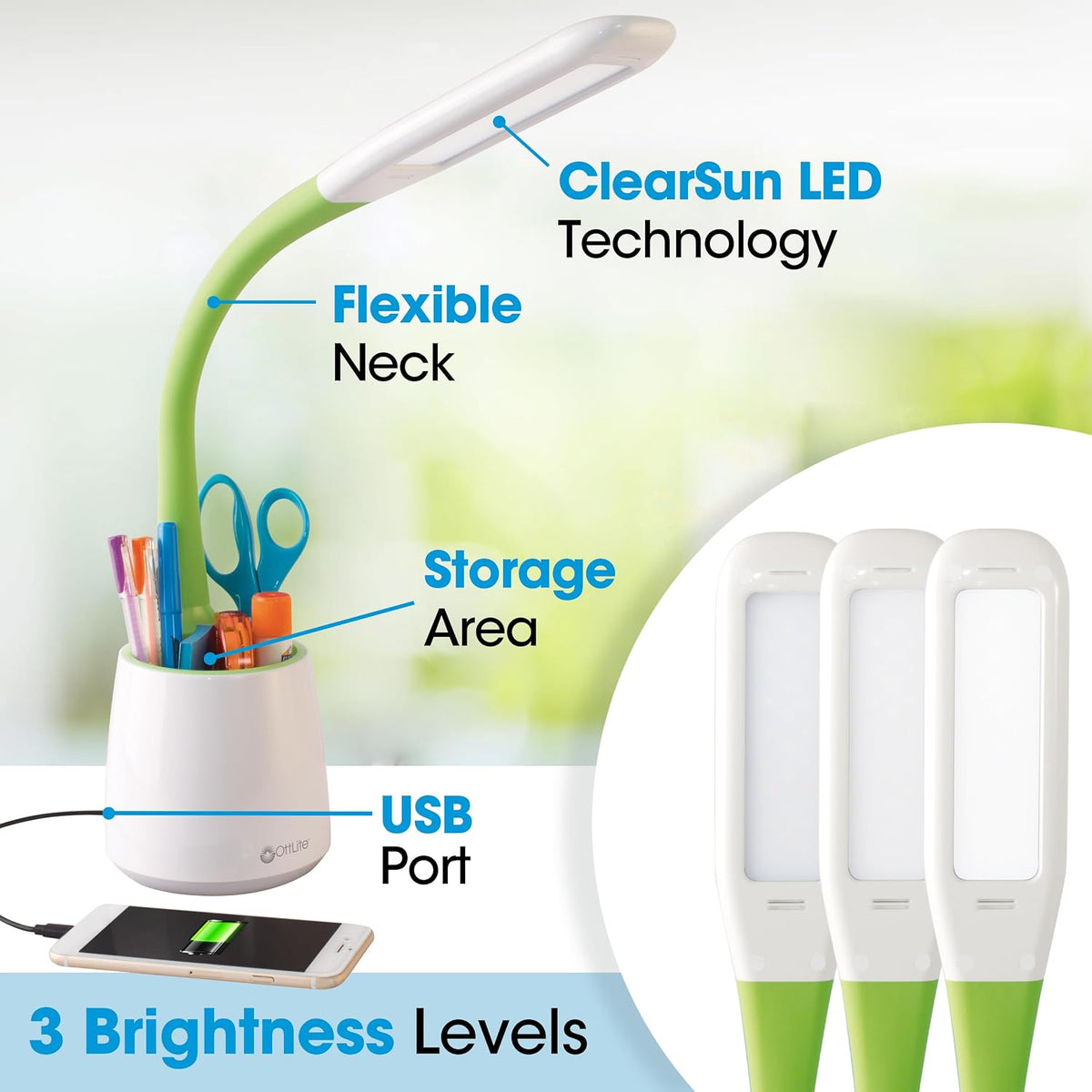 OttLite Organize LED Desk Lamp with USB Port, White and Green