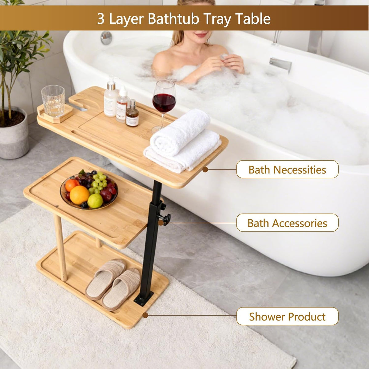 3 Layer Bathtub Tray Table,Bamboo Swivel Bathtub Side Table Height Adjustable...
