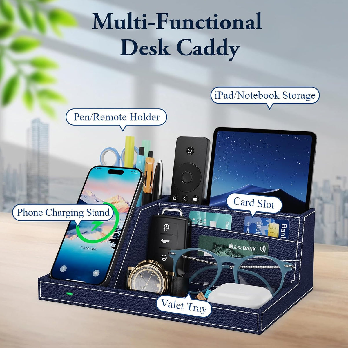 Desk Caddy with Fast Wireless Charger,Pen Holder Charging Station Organizer