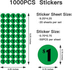 DUGUTUL 1000 pcs $1 Color-Coded Price Stickers for Garage Sale and Flea Market, 3/4" Diameter - Bold Fonts, Clear Visibility, High Visibility, Easy Organization
