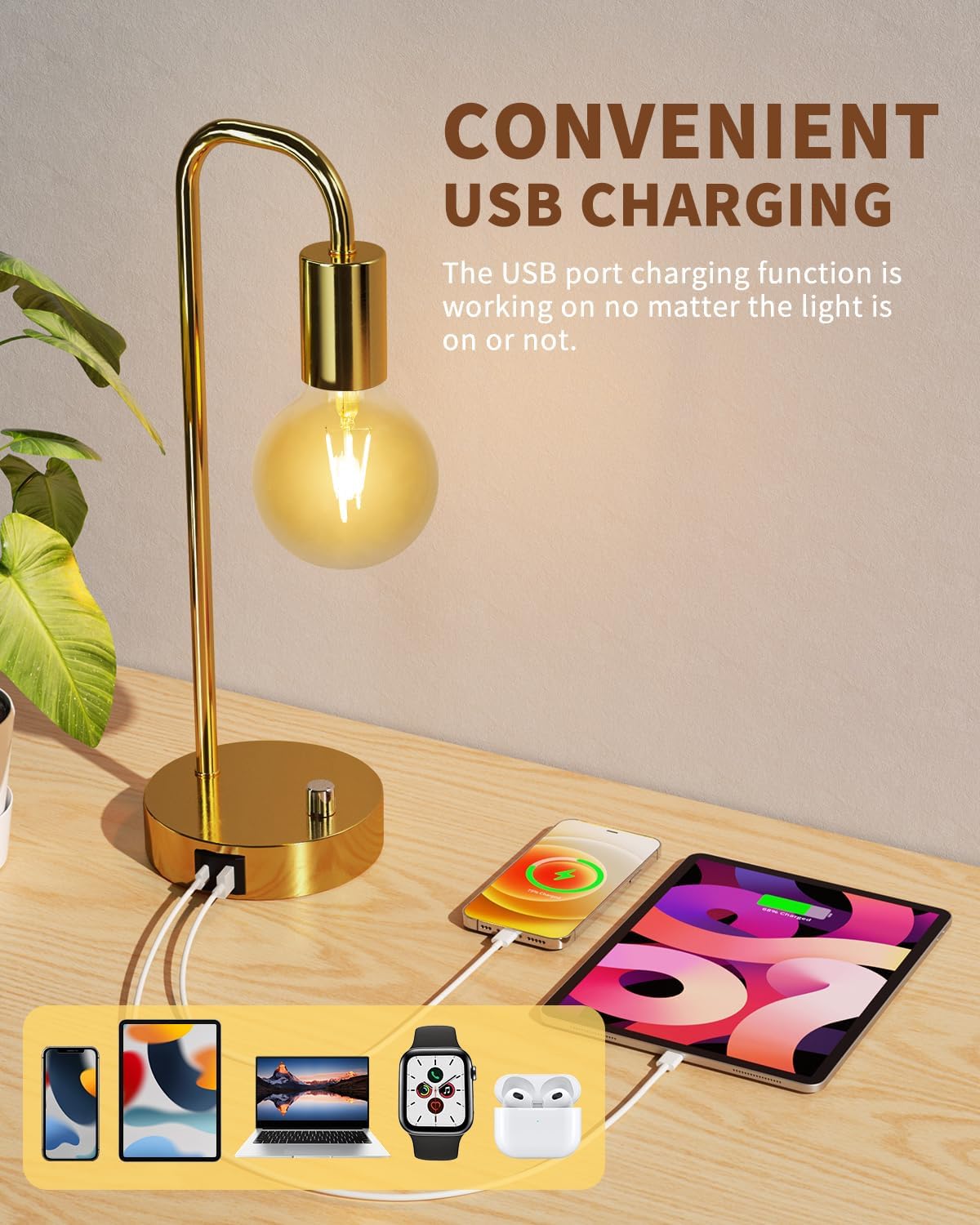 ONEWISH Industrial Table Lamp with 2 USB Port, Stepless Dimmable Nightstand B...